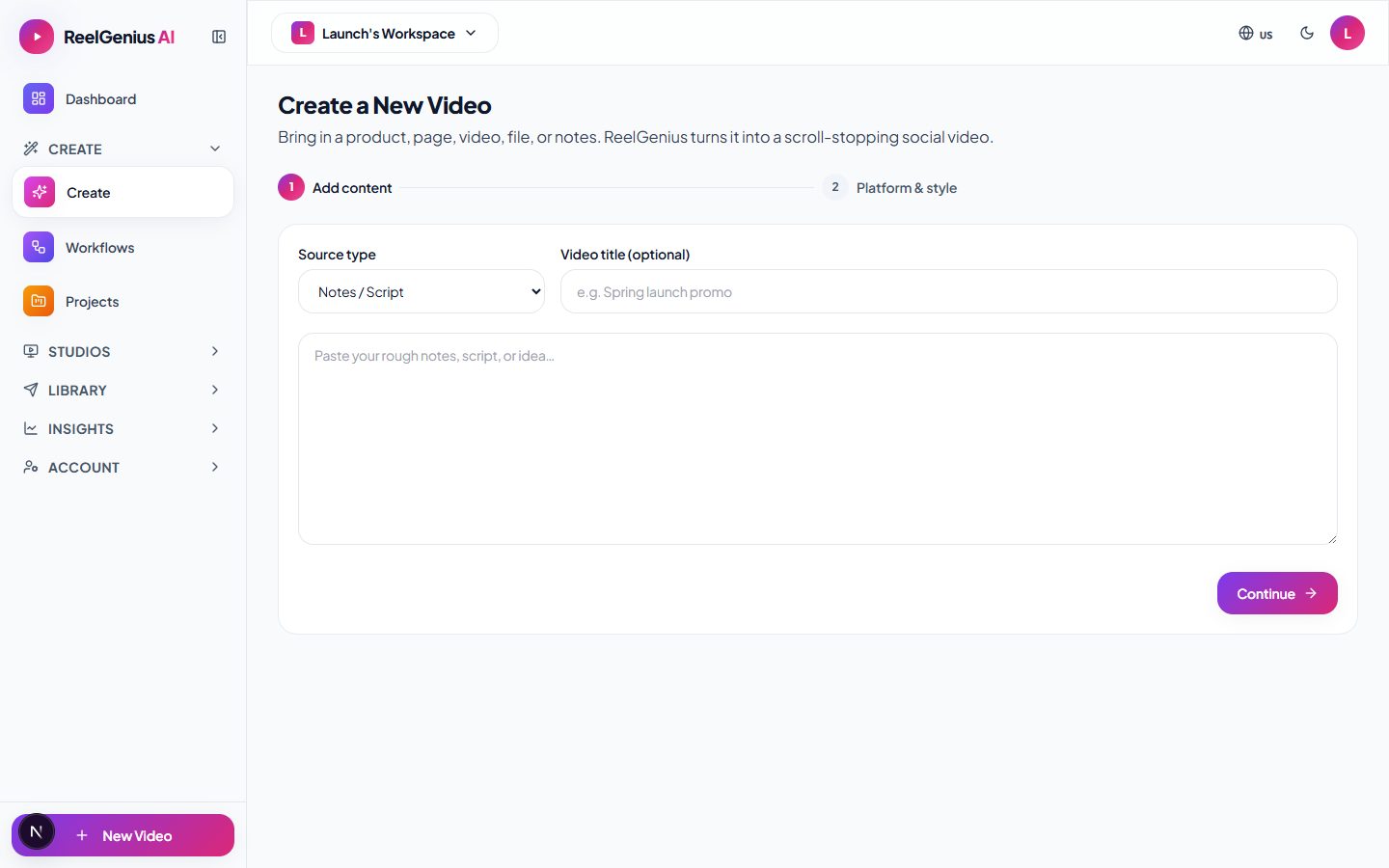 ReelGenius Create Video wizard β add a product, page, file, or notes