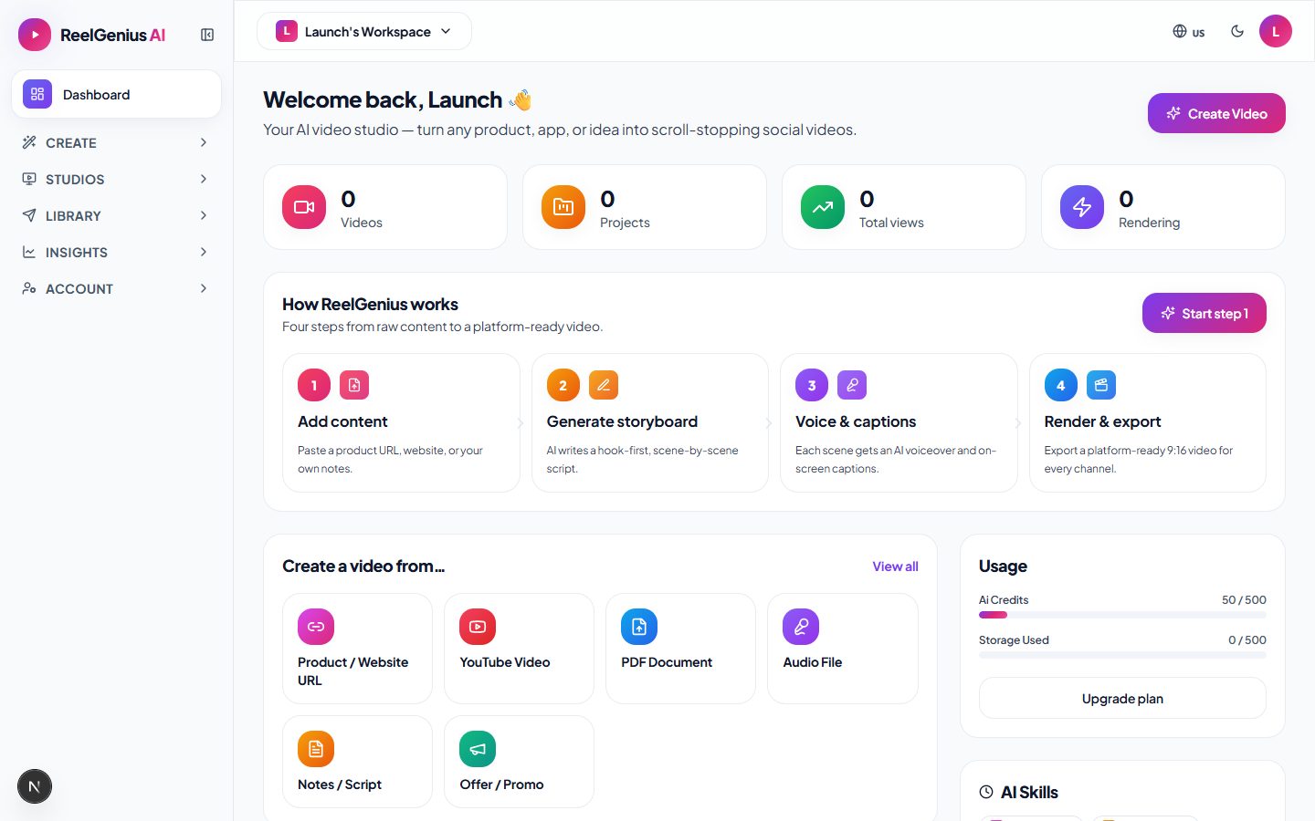 ReelGenius dashboard β four steps from content to platform-ready export
