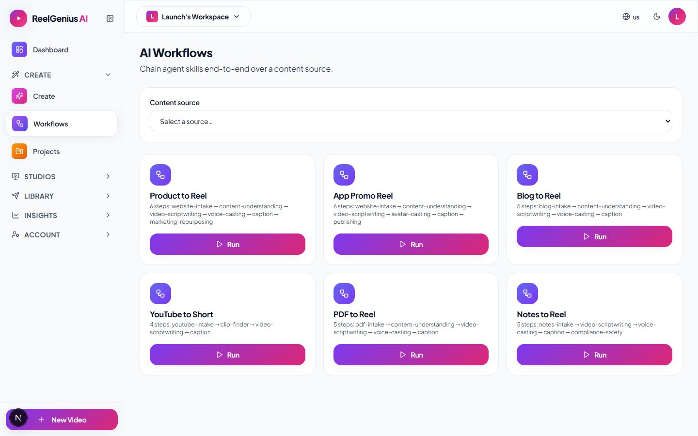 AI workflows chaining script, caption, and hashtag skills